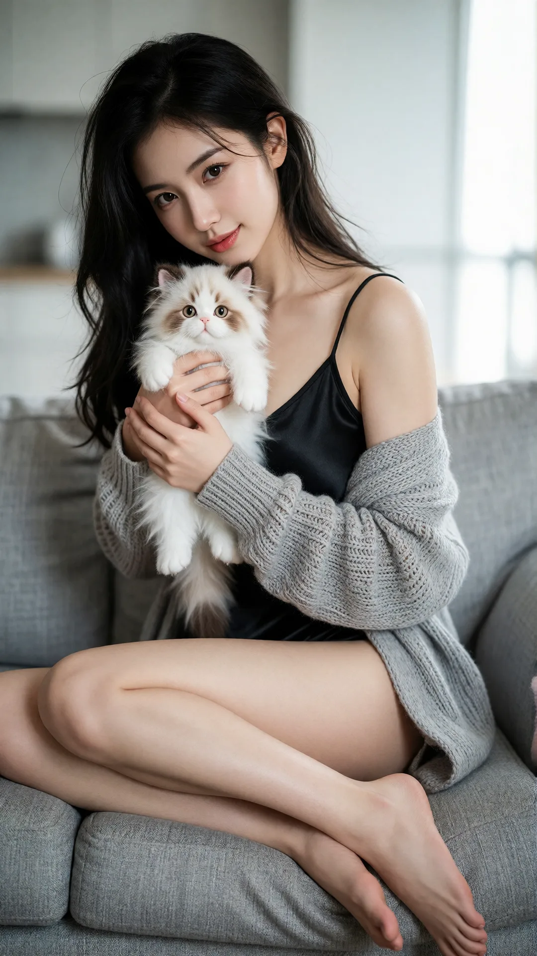怀抱白猫的年轻女性温馨居家肖像