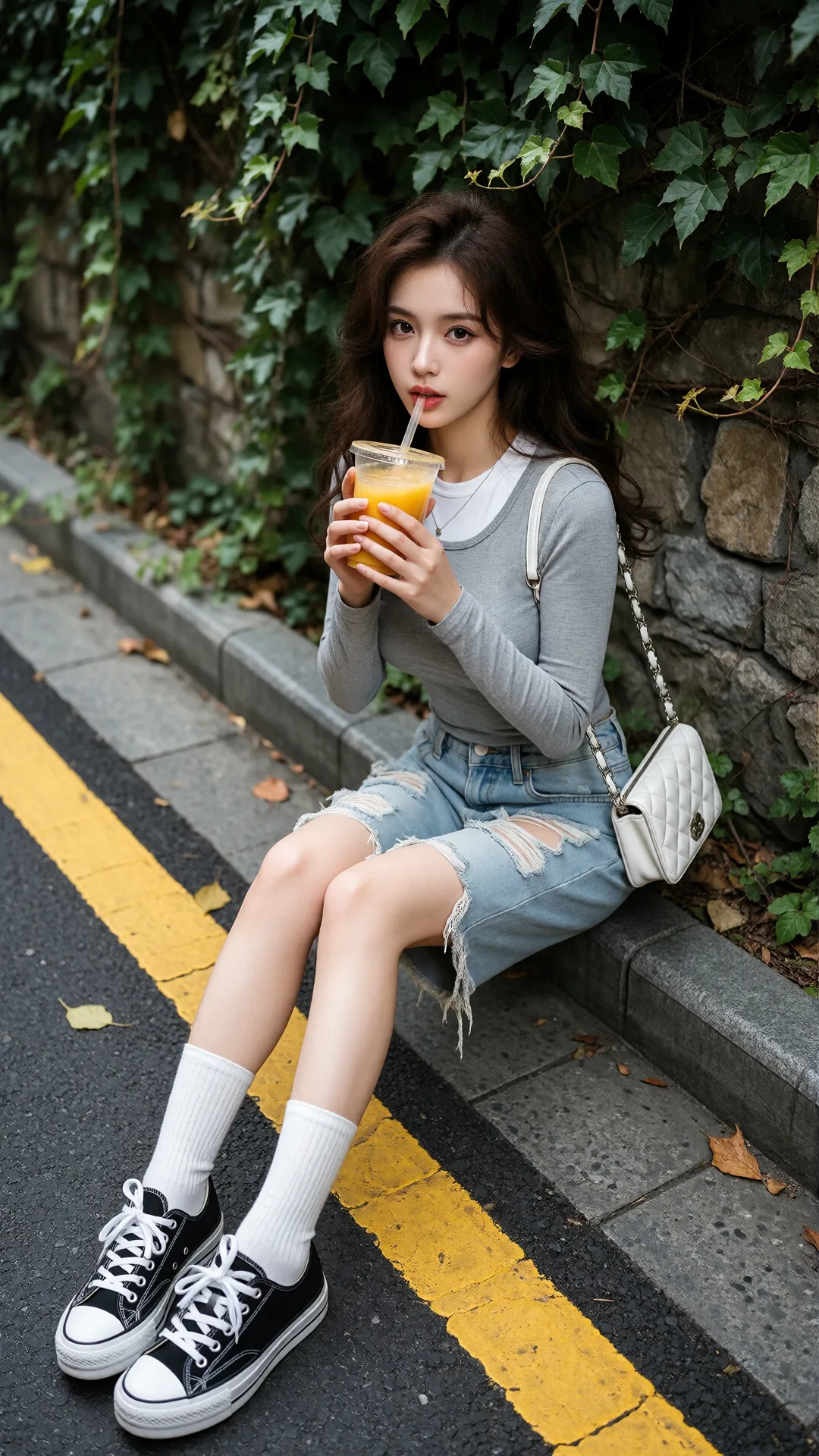街头藤蔓墙边少女饮橙汁的清新瞬间